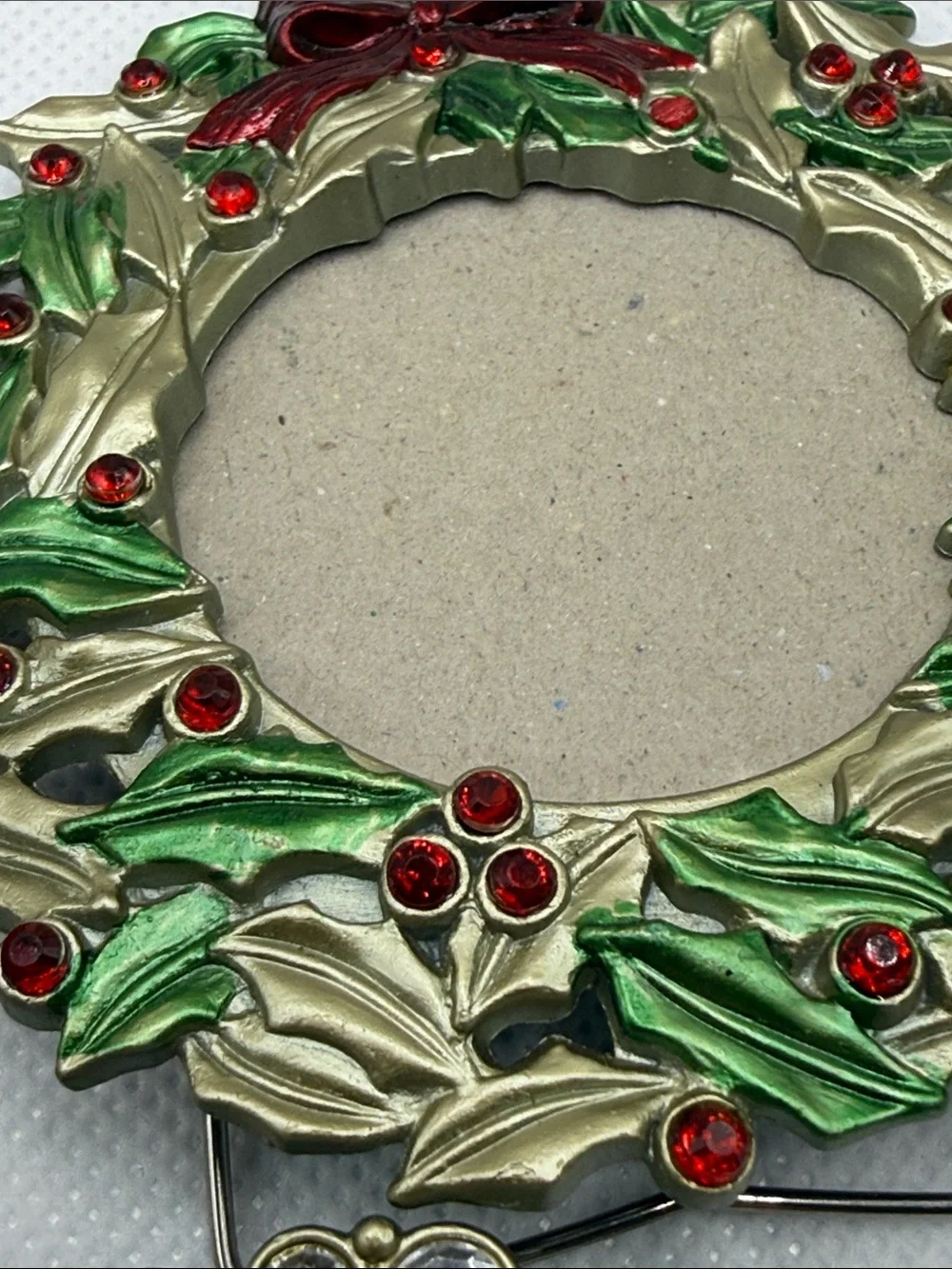 3 Holiday enamel & rhinestone mini photo picture frame wreath ornament bedazzled
